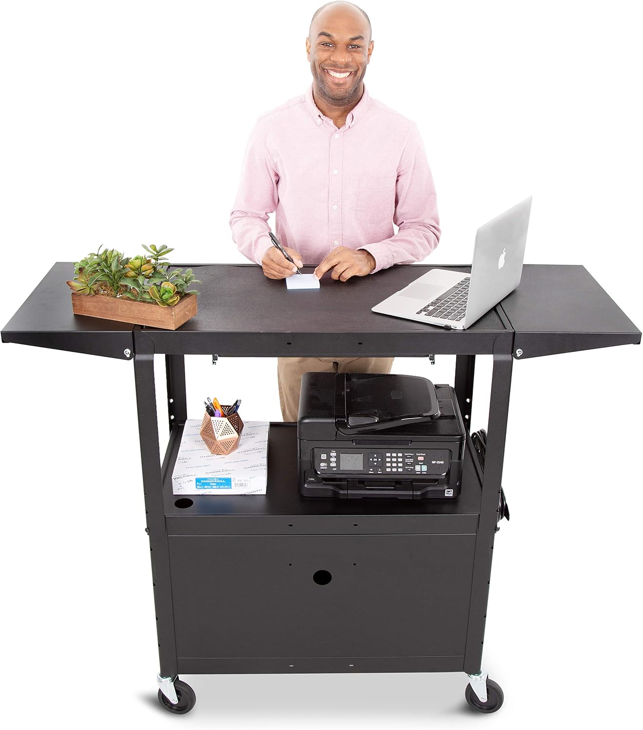 Line Leader Large AV Cart with Locking Cabinet & Drop Leaves | Height Adjustable Utility Cart | Includes Pullout Keyboard Tray & Cord Management | Easy Assembly (54in x 18in x 42in / Black)