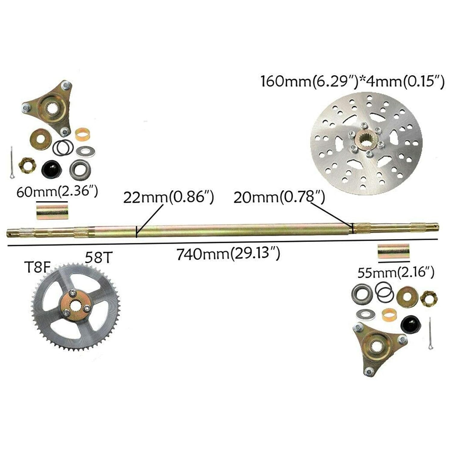 Futchoy Go Kart Rear Axle Assembly Kit Complete Wheel Hub 29" 740mm Go Kart Rear Axle Kit Wheel Hub Set for Quad ATV Go Kart and Many 50cc 70cc 90cc ATV Quads Go Karts