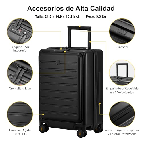 LEVEL8 Carry On Luggage with Compartment, 20 Inch Lightweight Hard Shell Rolling Suitcase with Wheels Airline Approved, Checked Luggage with Front Pocket, Double Tsa Locks - Black