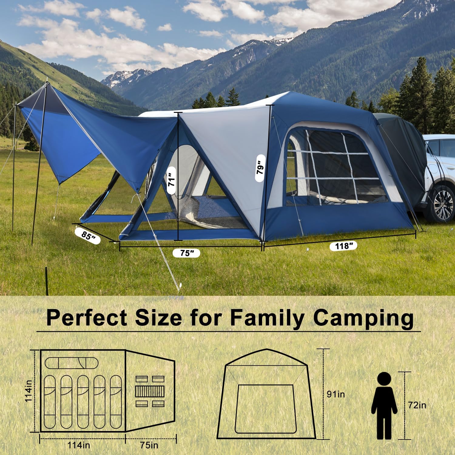 SUV Tent Attachment for Camping, Waterproof PU3000mm Double Layer Car Tailgate Tent, Large 6-8 Person SUV Tent with Sturdy Pole, 10' W X 10' L X 7.5' H
