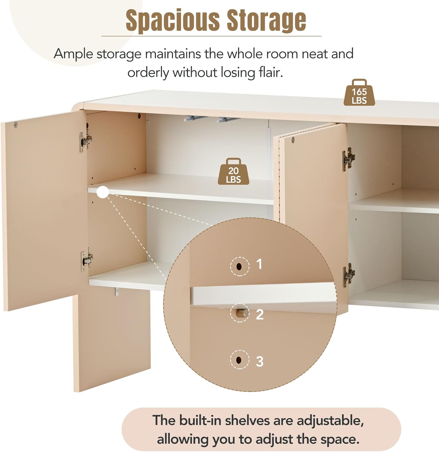 Large 60" Storage Sideboard with 4 Doors, Adjustable Shelves and Rebound Device, Minimalist Style Buffet Cabinet for Living Room and Entryway, Apricot Cream
