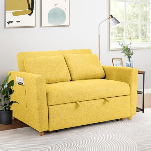 Convertible Sofa Bed, 3-in-1 Sleeper Sofa Pull Out Couch Bed, 2-Seater Linen Fabric Loveseat Futon Sofa with Spring Support, Adjustable Backrest for Small Spaces, Living Room, Navy Blue