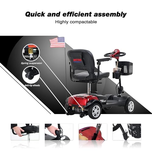 Outdoor Compact Mobility Scooter for Seniors, Foldable Electric Powered Mobile Wheelchair with Basket & Cup Holder 300 LBS Max Weight, Collapsible & Compact for Travel with Family (Red)