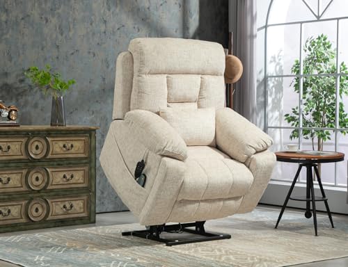 Light Grey Recliner Chair for Elderly | Tall and Big Man 400lbs | Chenille | Power Lift, Lay Flat, Stand Up, Wireless Charging Device, Extended Footrest, Massage Heat, Cup Holder, Lumbar Pillow