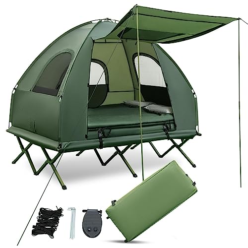 BANGTANE Tent Cot for Camping, All-in-1 Folding Tent Combo w/Air Mattress, 2 Sleeping Bags, Carry Bag & Foot Pump, Off Ground Travel Cot for Hiking, Backpacking, Fishing & Picnic