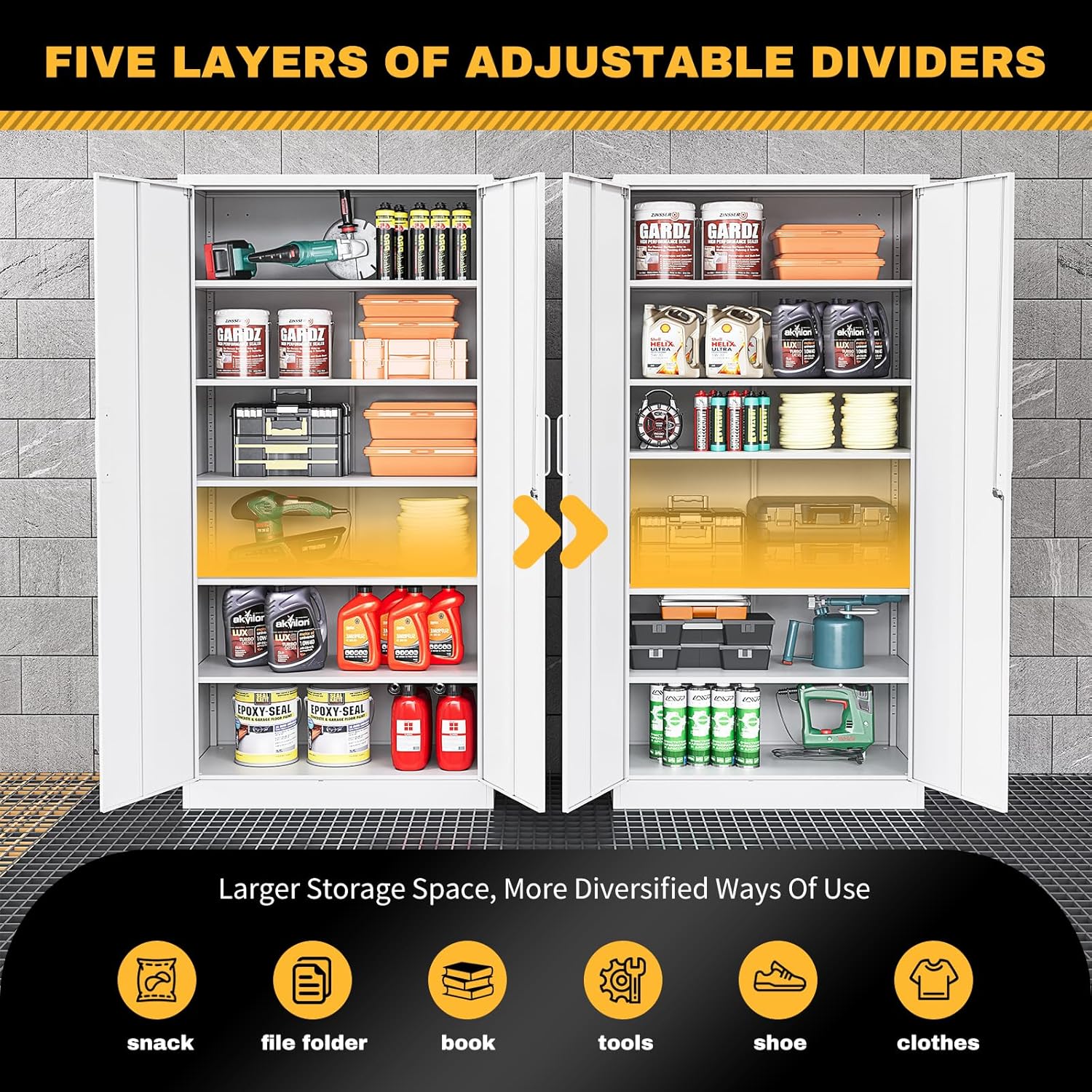Metal Storage Cabinet with Lock，71'' Garage Storage Cabinet with 5 Adjustable Shelves, Tall Tool Cabinets for Garage, Home, Office, Gym, School，White