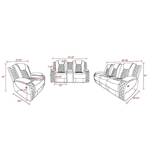 Power Leather Recliner Sofa Set with LED Lights,Living Room Furniture Set, Breathing Leather Sofa Set with USB Port/Storage Console/Cup Holders (3 Pieces Reclining Sofa Set, Cream White)