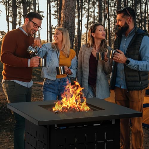 Shintenchi Propane Fire Pits 28 Inch Outdoor Gas Fire Pit, 50,000 BTU Steel Fire Table with Lid and Lava Rock, CSA-Certified Propane Fire Pit Outdoor/Patio with Rattan Pattern Steel Base/Lid, Black