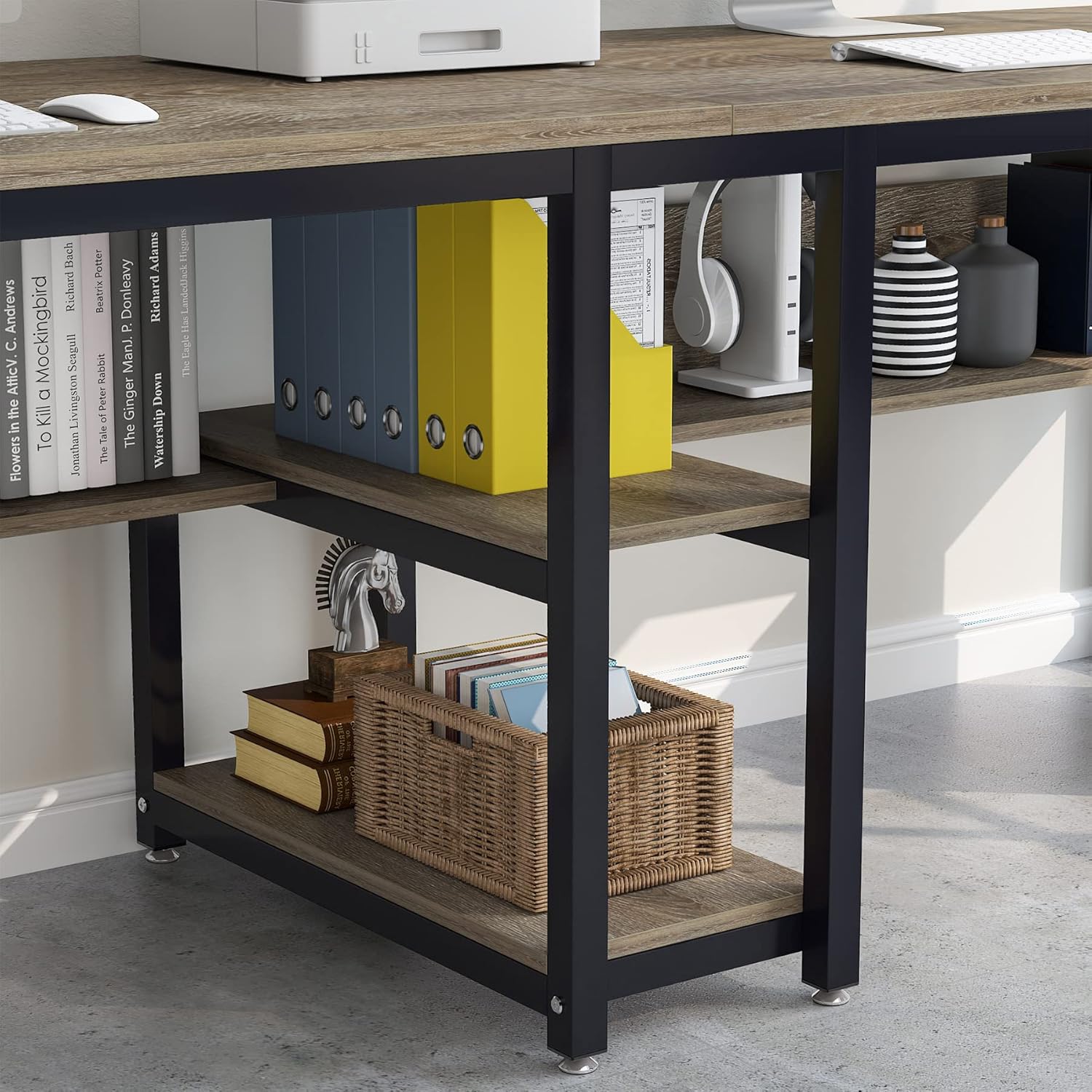 78.7" Two Person Desk with Bookshelf, Large Computer Office Double Desk for Two Person, Industrial Study Writing Table Workstation with Shelves for Home Office