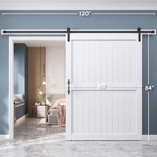 EaseLife 54 x 84 inch White Barn Door with 9FT Sliding Door Hardware Kit Included & Handle,Solid Wood Covered with Waterproof PVC Surface,DIY Assemblely,Easy Install,H-Frame,Fit 50-52in Wide Opening