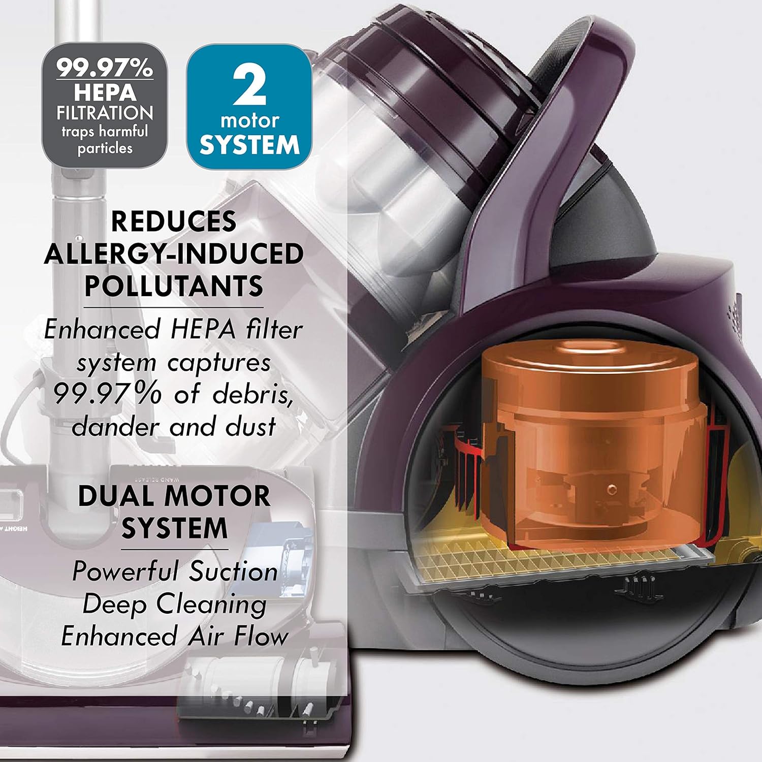 Kenmore Friendly Lightweight Bagless Compact Canister Vacuum with Pet Powermate, HEPA, Extended Telescoping Wand, Retractable Cord and 2 Cleaning Tools, Motor Power, Purple