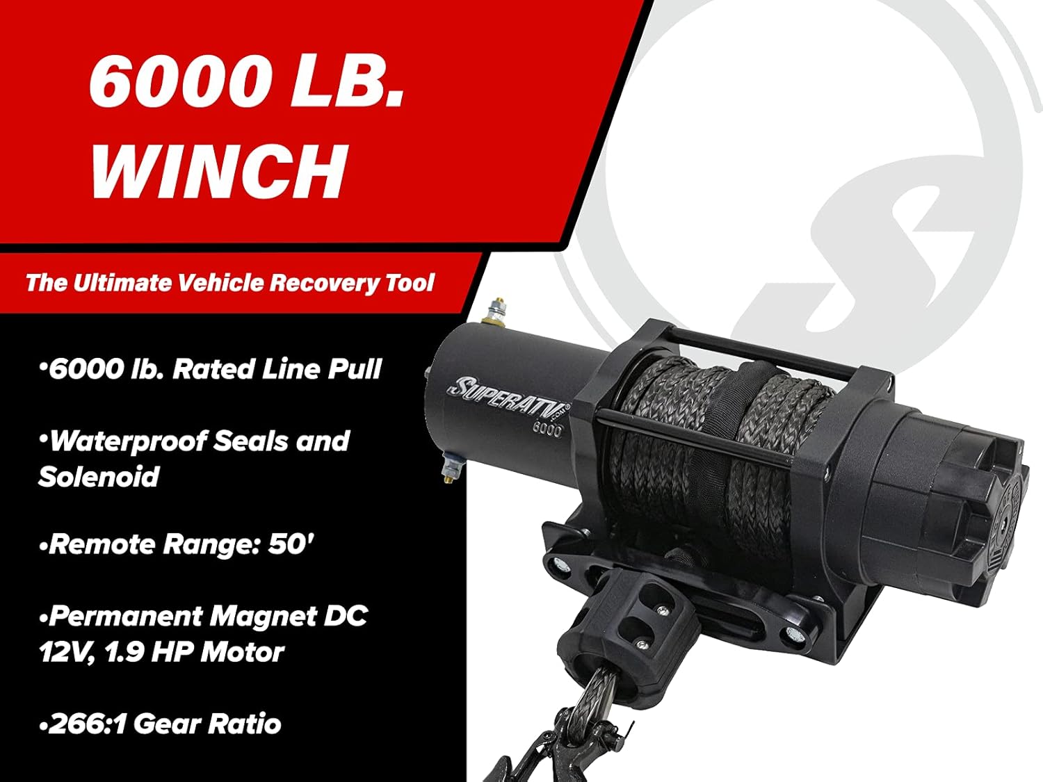 SuperATV Black Ops 6000 LB Winch Kit For UTV/ATV | Includes 50' Synthetic Rope | Permanent Magnet DC 12V, 1.9 HP Motor And More
