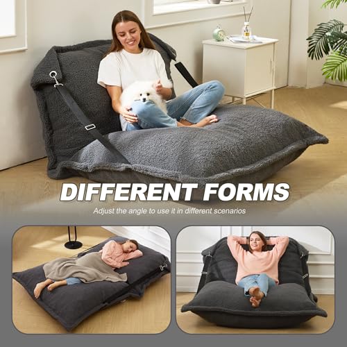 Homguava Giant Bean Bag Chair, Bean Bag Sofa with Adjustable Backrest, Bean Bag Bed with Filling and Detachable Sherpa Cover, Large Bean Bag Floor Sofa for Gaming Living Room Bedroom (Grey)