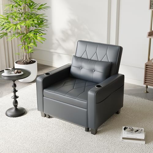 3-in-1 Convertible Sofa Chair Bed, Pull Out Leather Recliner Sleeper Sofa Chair Bed Couch with Cup Holders, USB & Type C Port,Side Pockets, Perfect for Living Room,Bedroom,Office (Black)