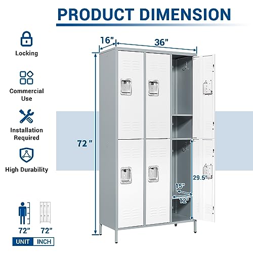 72" Metal Locker for Employees 3 Doors Gray&White Steel Storage Locker for Office, School, Gym - Metal Storage Cabinets for Home, Office, Gym, School