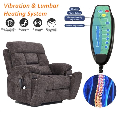 Light Grey Recliner Chair for Elderly | Tall and Big Man 400lbs | Chenille | Power Lift, Lay Flat, Stand Up, Wireless Charging Device, Extended Footrest, Massage Heat, Cup Holder, Lumbar Pillow