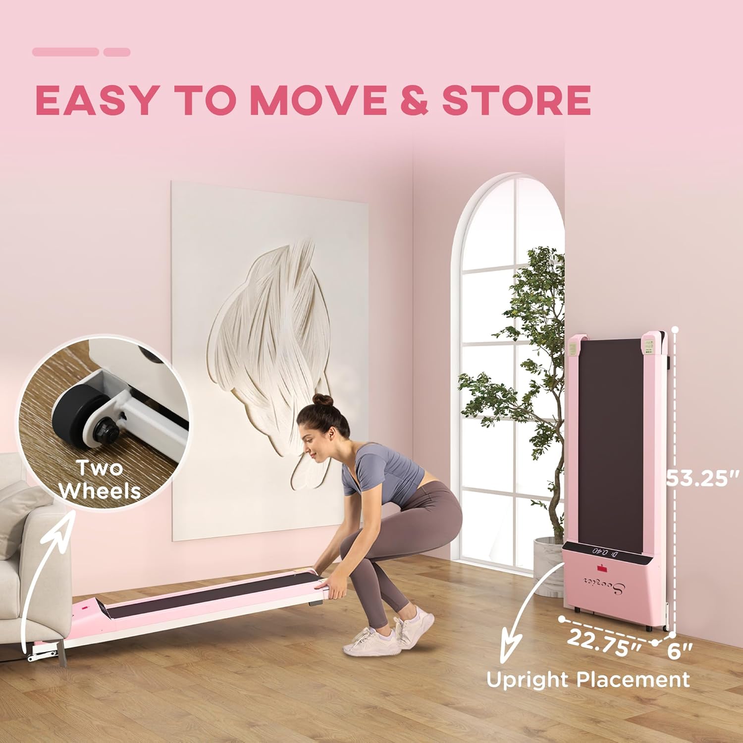 Soozier Under Desk Treadmill, Portable Walking Pad with Foldable Wheels, Remote Control, LED Display, 200 lbs Weight Capacity, Pink