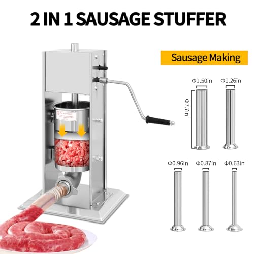 Manual Sausage Stuffer 7L/14LB, Vertical Sausage Maker, Food Grade Stainless Steel Meat Filling Kitchen Machine with 5 Stuffing Tubes for Commercial, Home and Outdoor