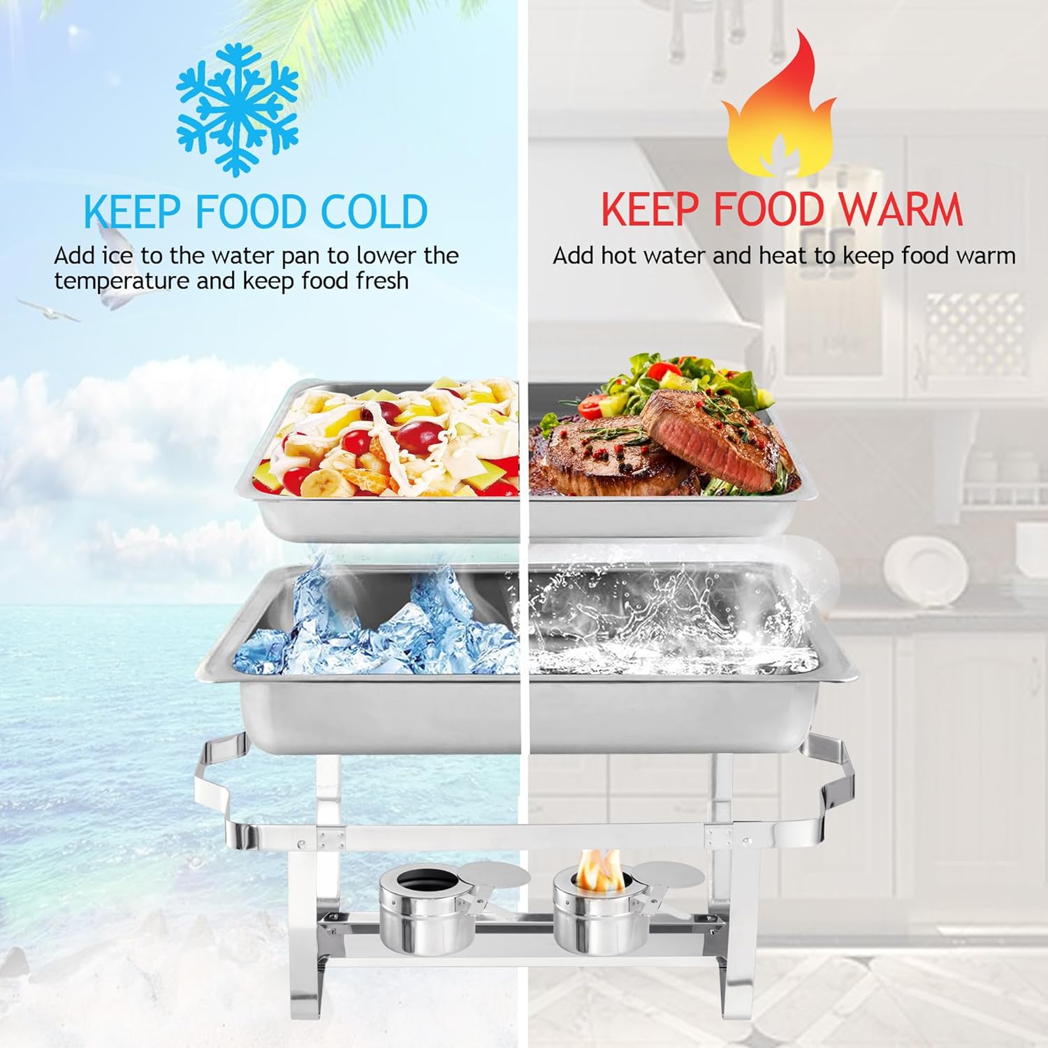Chafing Dish Buffet Set - 4 Pack, 8 Quart Stainless Steel Chafer Buffet Servers and Warmers Set with Folding Frame for Weddings, Parties, Banquets, and Catering Eventst