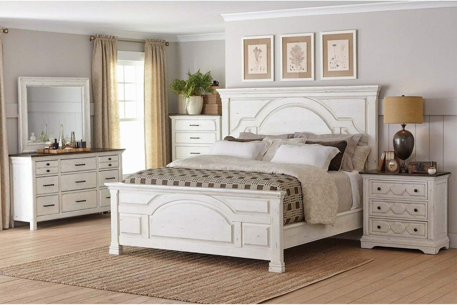 1 Piece Vintage White Style Rustic Farmhouse King Size Bed Bedroom Bedding Furniture Pine Wood Hardwood 85.75" W x 86.75" D x 70" H of Set