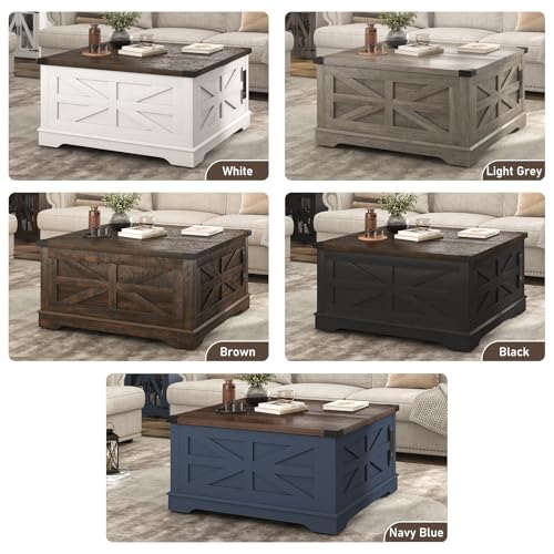 36" Farmhouse Movable Lift Top Coffee Table with Storage and Power Outlets, Square Wood Living Room Tables with Wheels&Large Hidden Space, Lift Wooden Barn Door Center Table, White