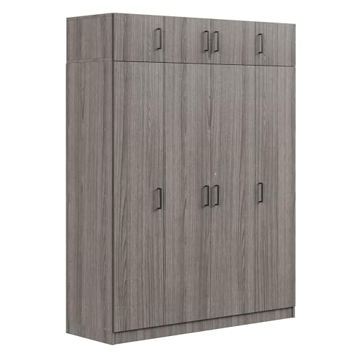 Wardrobe Armoire with 4 Doors, Four-Door Design Mirror Wardrobe with Shelves, Drawers and Hanging Rod, Built-in Dressing Mirror, 68" H Freestanding Wardrobe Cabinet