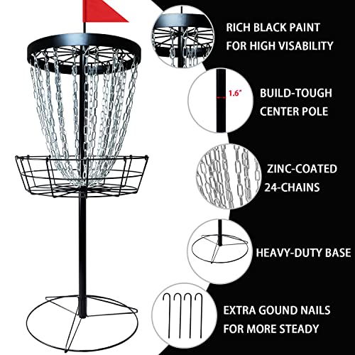 Disc Golf Basket with Discs | Portable Disc Golf Target with Heavy Duty 24-Chains Disc Golf Course Basket, Come with 6pcs Disc Golf Discs with Carry Bag