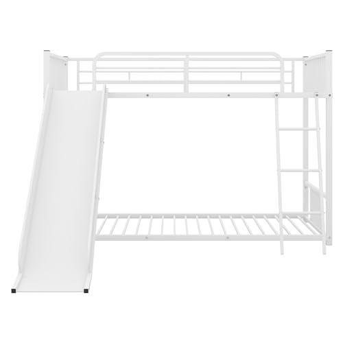 Metal Junior House Low Bunk Bed Twin Over Twin with Slide and Ladder, Montessori Floor Bunk Bed Frame with Full-Length Guardrail, Noise Free