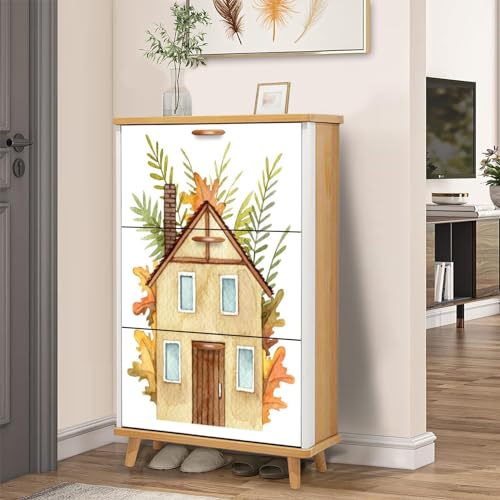 3 Drawer Shoe Cabinet, Artistic Shoe Cabinet, Wooden House Hill Behind House There are Trees Wood Shoe Rack Organizer for Entryway Slim (31.5”W x 9.45”D 46”H)
