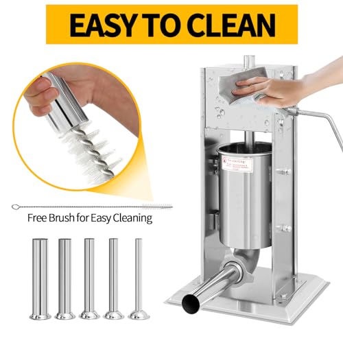 Manual Sausage Stuffer 7L/14LB, Vertical Sausage Maker, Food Grade Stainless Steel Meat Filling Kitchen Machine with 5 Stuffing Tubes for Commercial, Home and Outdoor