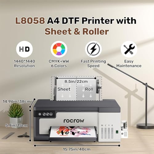 A4 T-shirt DTF Printer with White Ink Mixing and Roll Feeder, Automatic Cleaning L8058 Printer Machine for DIY Transfer, Includes Oven, Heat Press, Ink, Film, T-shirt (Printer + Oven + Heat Press)