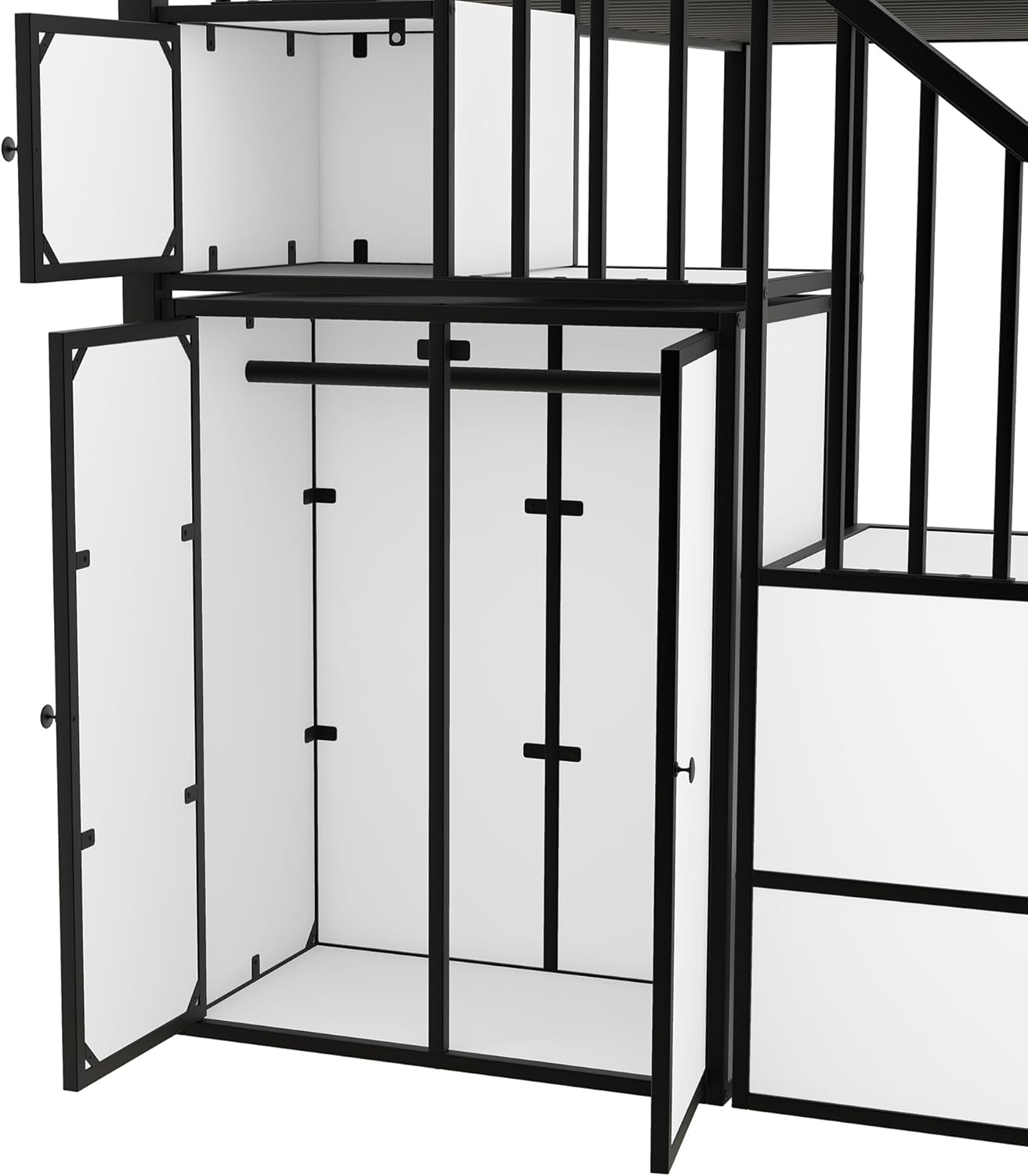 Twin Over Twin Castle Bunk Bed with Stairs, Wardrobe and Multiple Storage, Metal Bunkbeds with Staircase and Shelves, for Kids Teens Bedroom, Black+White