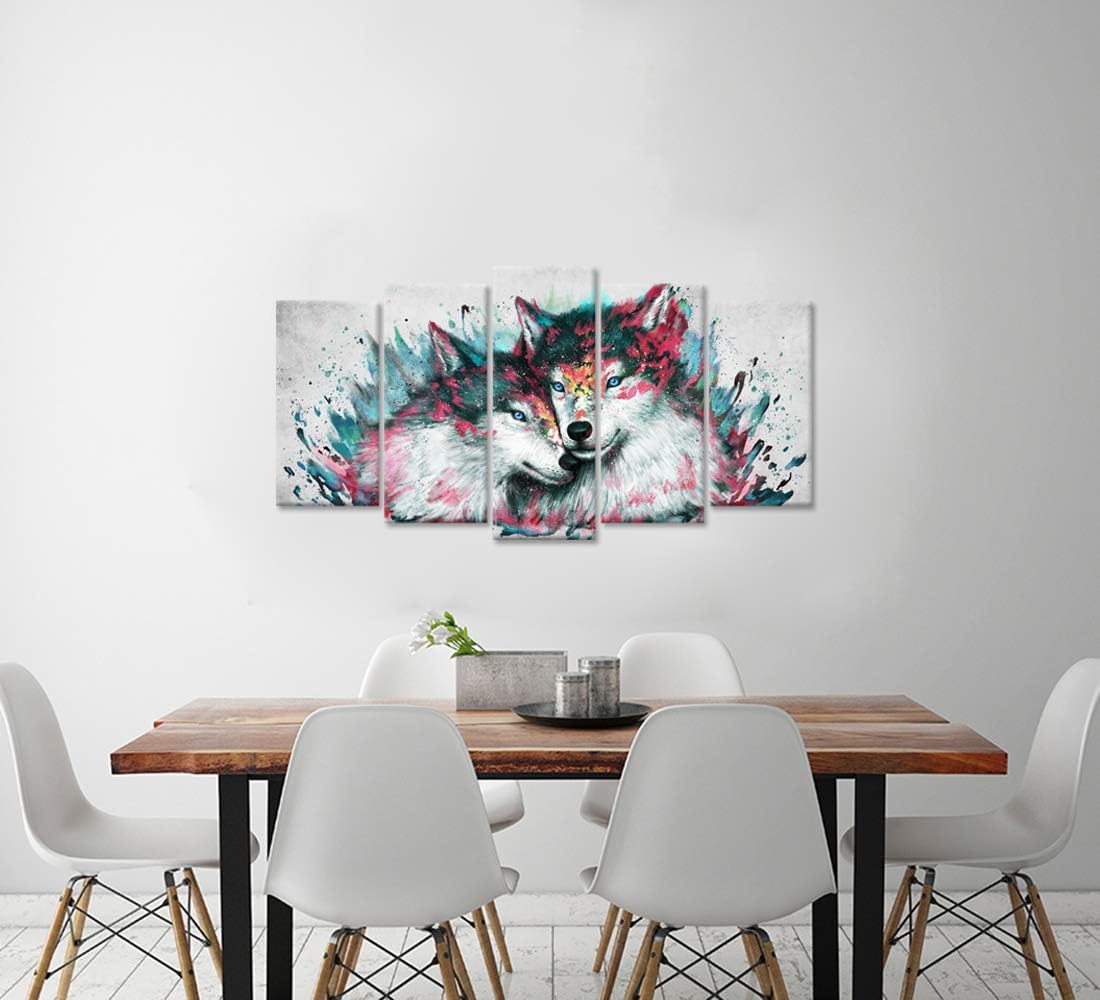 iHAPPYWALL Large 5 Pieces Wolf Canvas Wall Art Black and White Wolves Couple Abstract Animal Picture Painting on Canvas for Modern Home Living Room Decor Stretched and Framed Ready to Hang