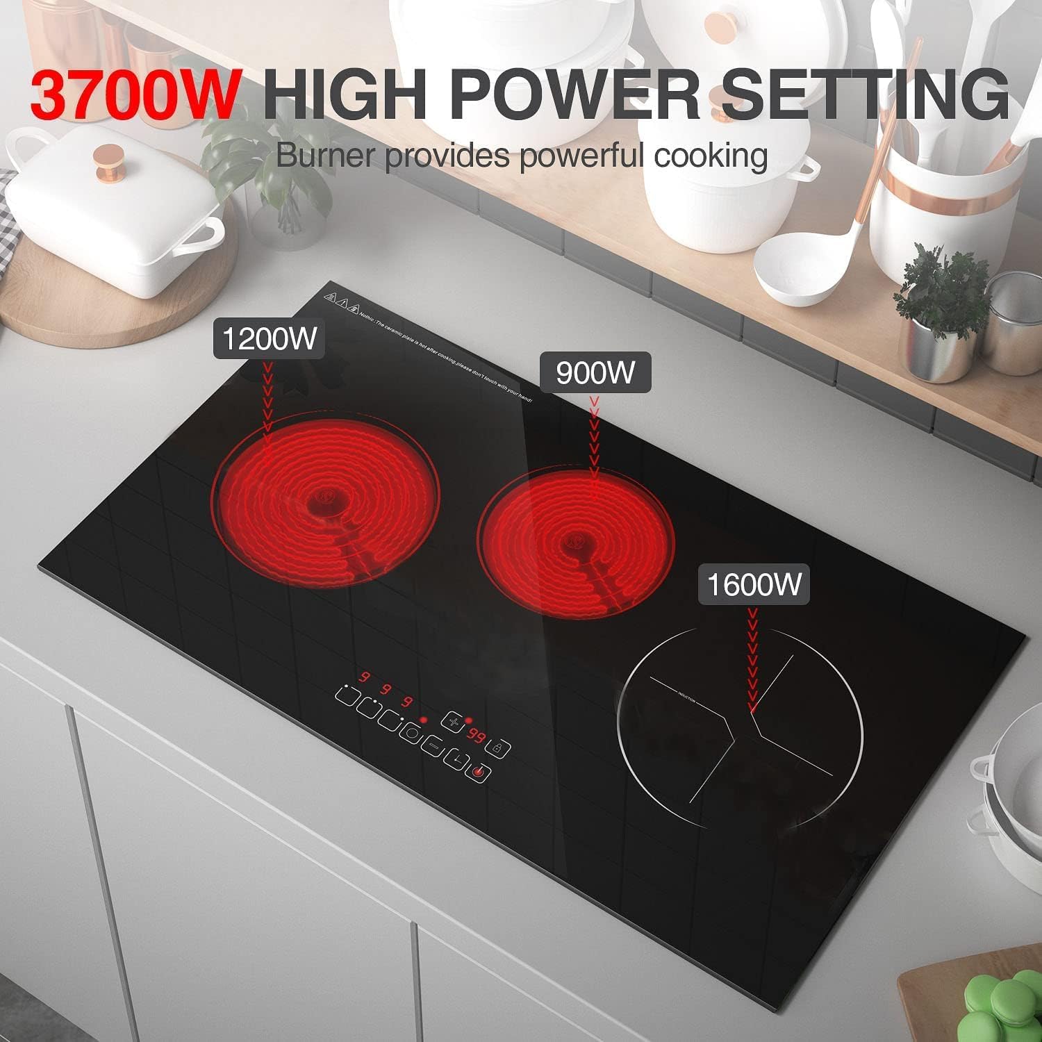 Electric Cooktop 3 Burners Induction Cooktop, ANHANE Built-in Electric Stove Top Plug in 3700W 15A 220V-240V,Touch Control, Over-Temperature Protection, Hard Wire Induction Cooktop