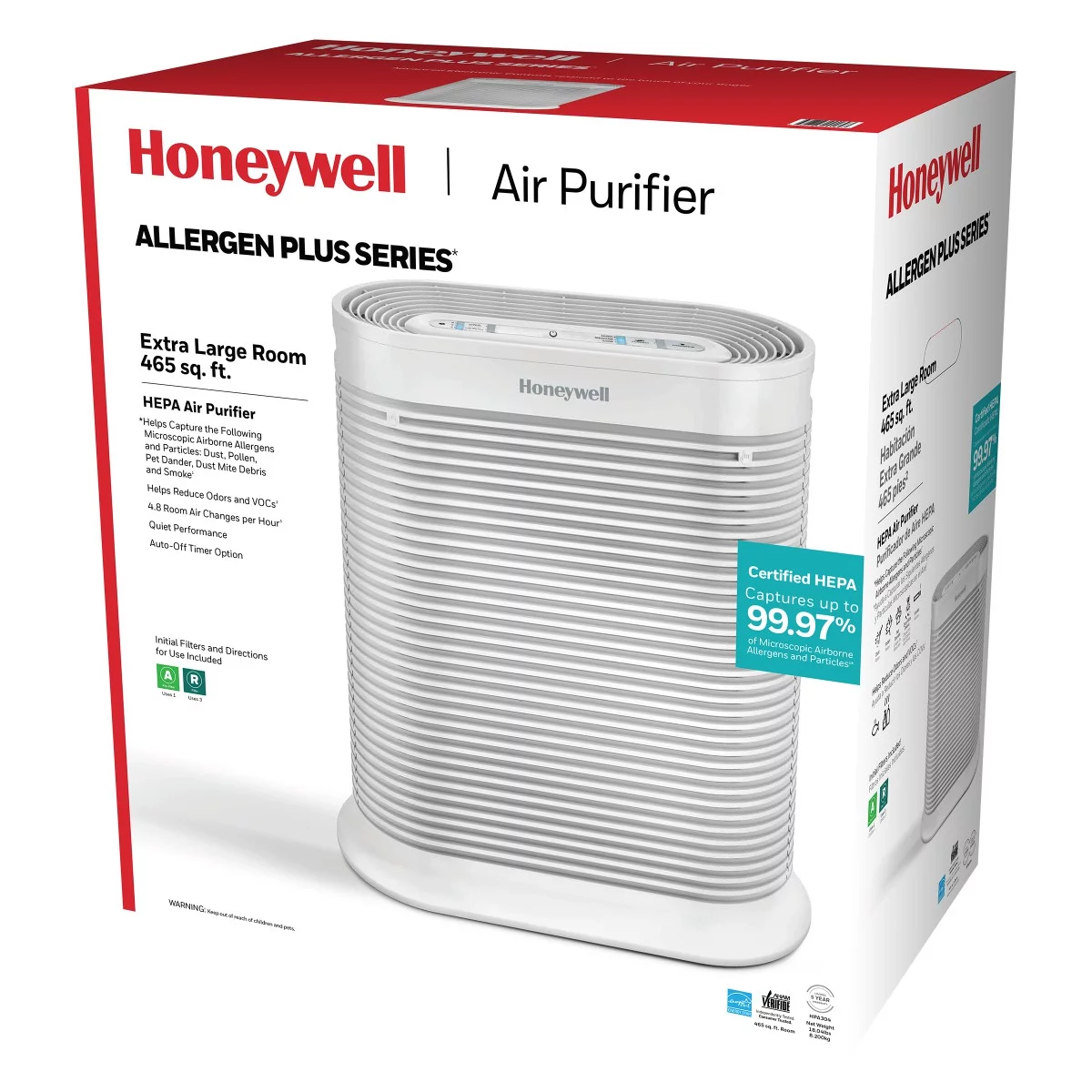 Honeywell Air Purifier, HPA304, 465 sq ft, HEPA Filter, Allergen, Smoke, Pollen, Dust Reducer