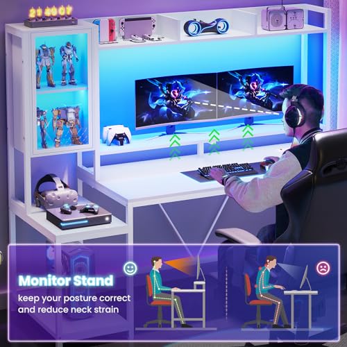 SEDETA Gaming Desk, 60'' Gaming Desk with Hutch and LED Lights, Computer Desk with Storage Shelves, Large PC Gamer Desk with Display Cabinet, Monitor Stand, Power Outlet for Home Office, Rustic Brown