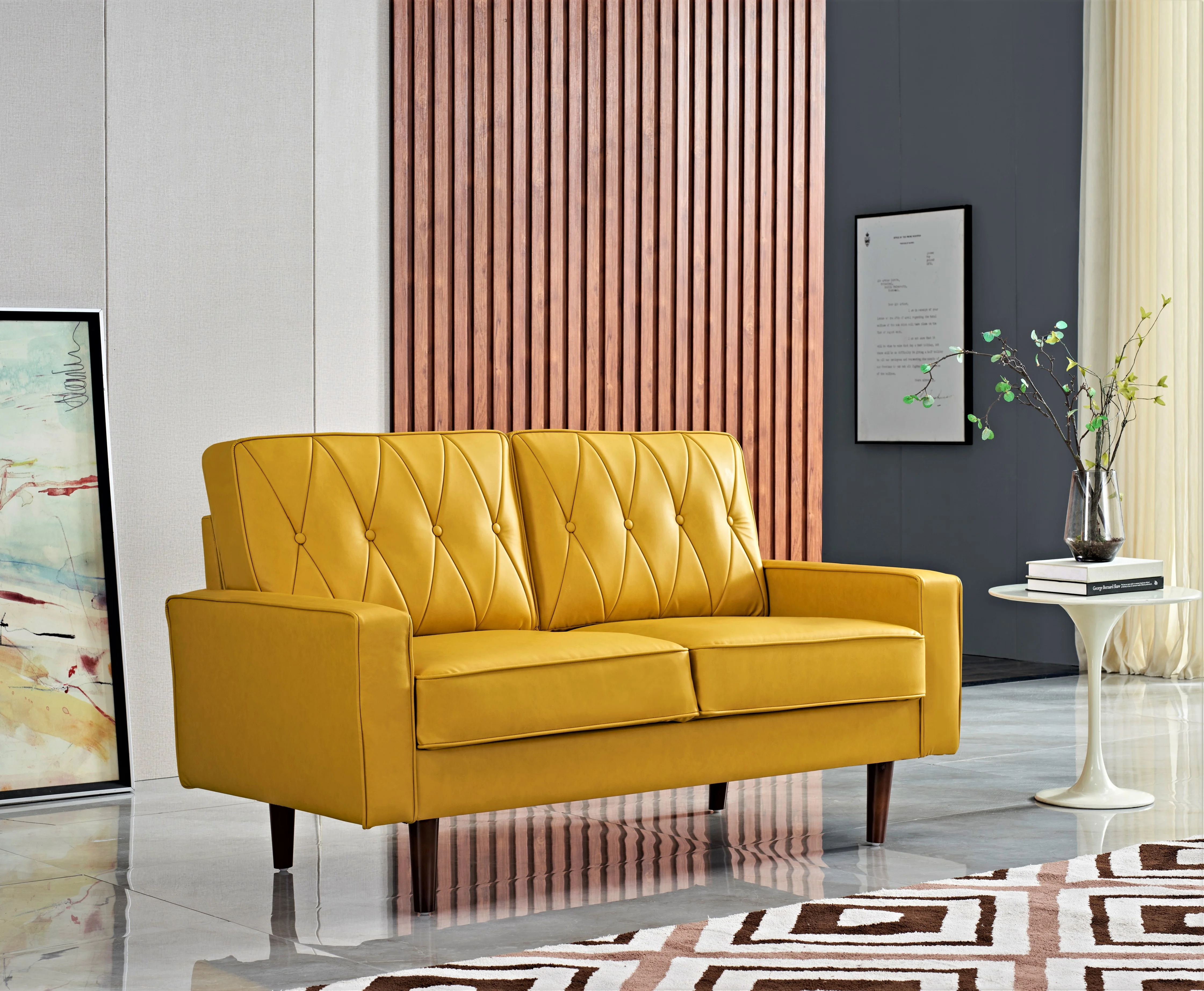 Uspridefurniture Acire 57.5" Faux Leather Cushion Back Loveseat, Mustard Yellow