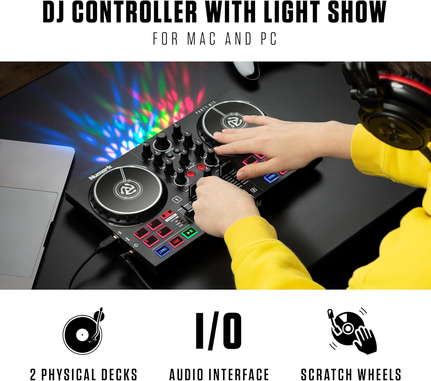 Beginner DJ Set - Numark DJ Controller and DJ Headphones plus M-Audio DJ Monitor Speakers with Serato DJ Lite and Party Lights