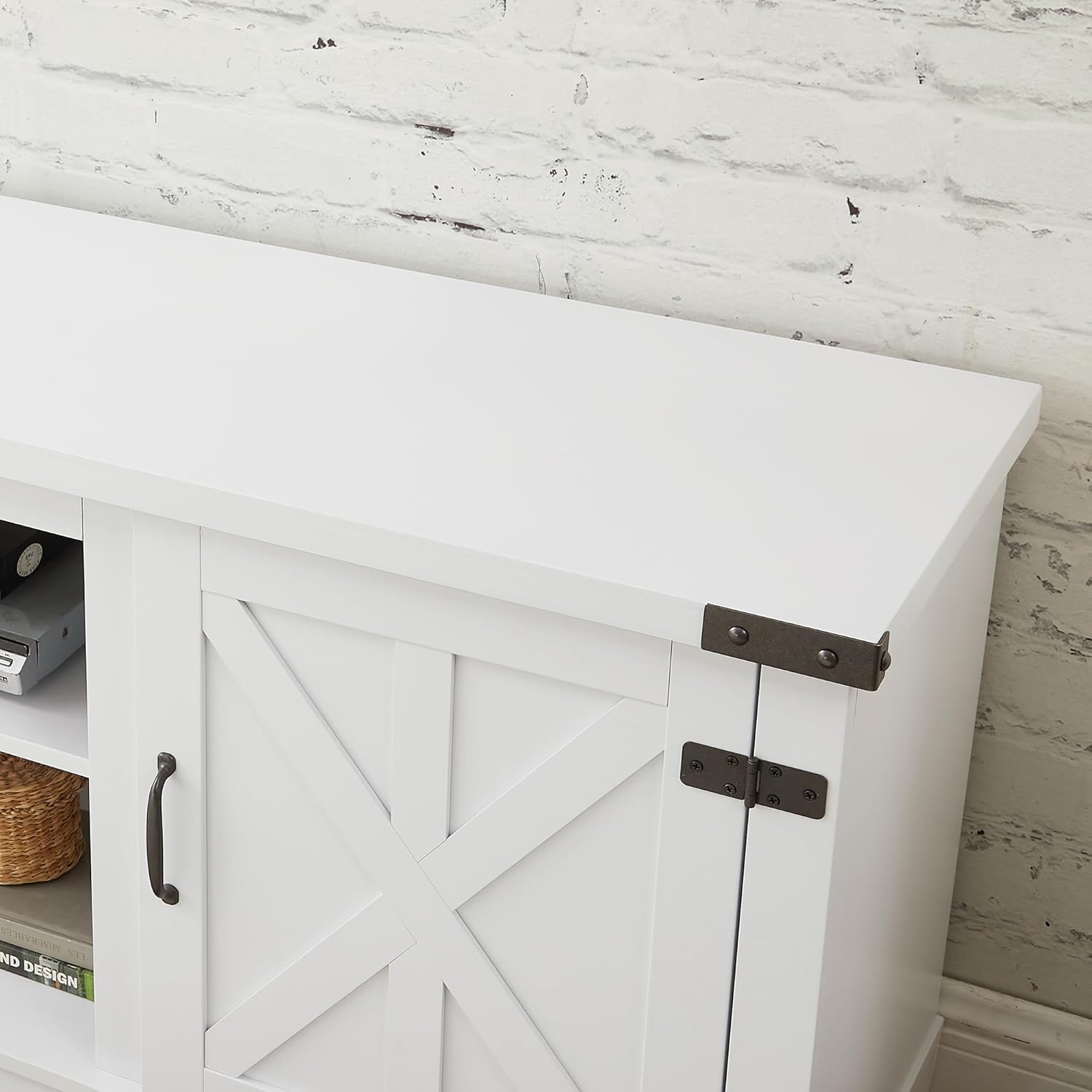 Modern Farmhouse TV Media Stand | Large Barn Style Home Entertainment Console for TVs Up to 70 Inches, with Open Shelves and Closed Cabinets, 64.80” L x 15.67” W x 24.29” H - White