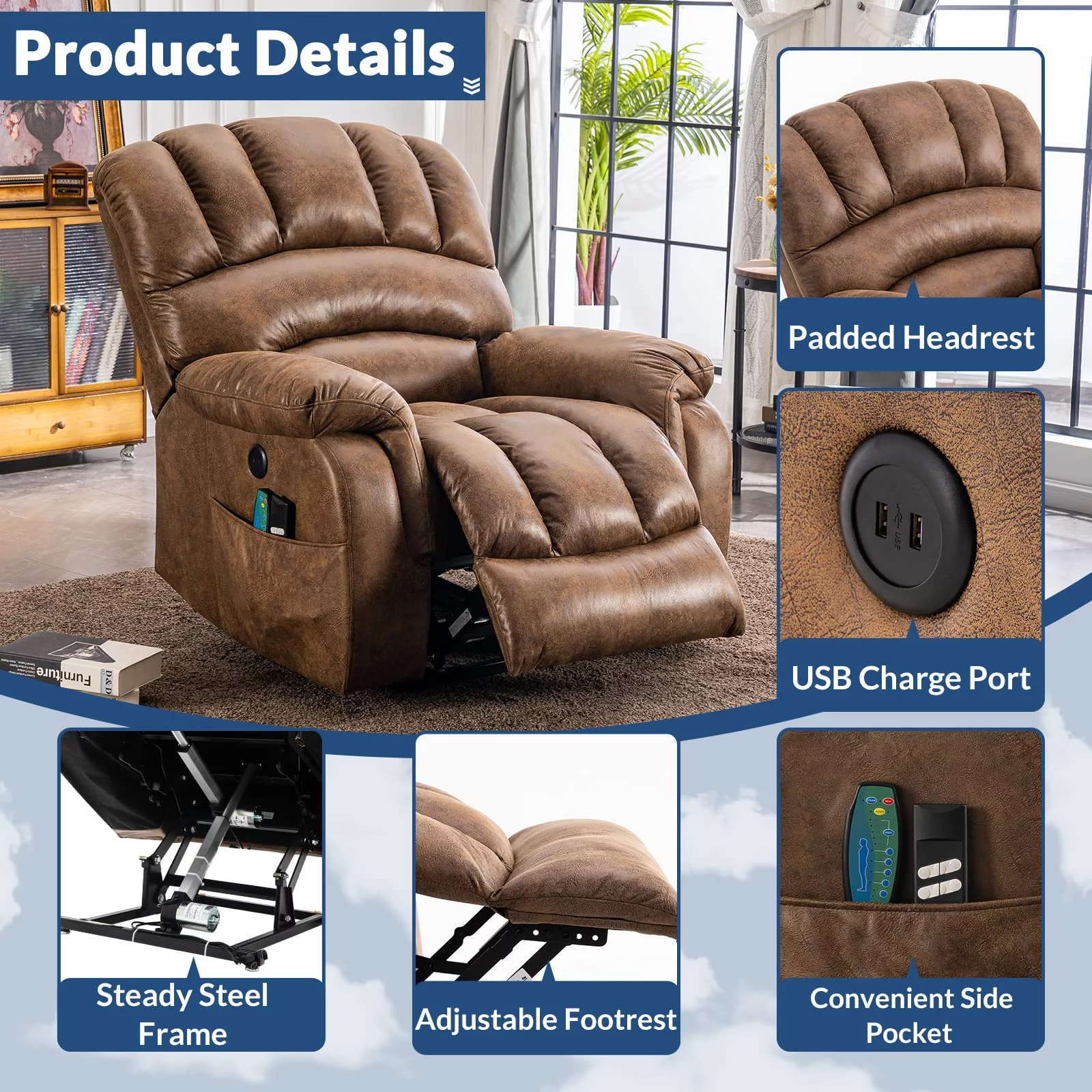 SOCIALCOMFY Dual Motor Large Electric Lift Recliner Chair for Elderly Big People, Heated Massage Lay Flat Sleeper Power Recliner, Infinite Position, 2 Remote Controls, Side Pockets & USB Ports, Brown