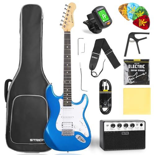 STRICH Electric Guitar Beginner Kit, Solid Body 39" Full Size Electric Guitar HSS Pick Up for Starter, with 10W Amp, Bag, Digital Tuner, Capo, Strap, String,Cable, Picks, SST-S20 Sunburst