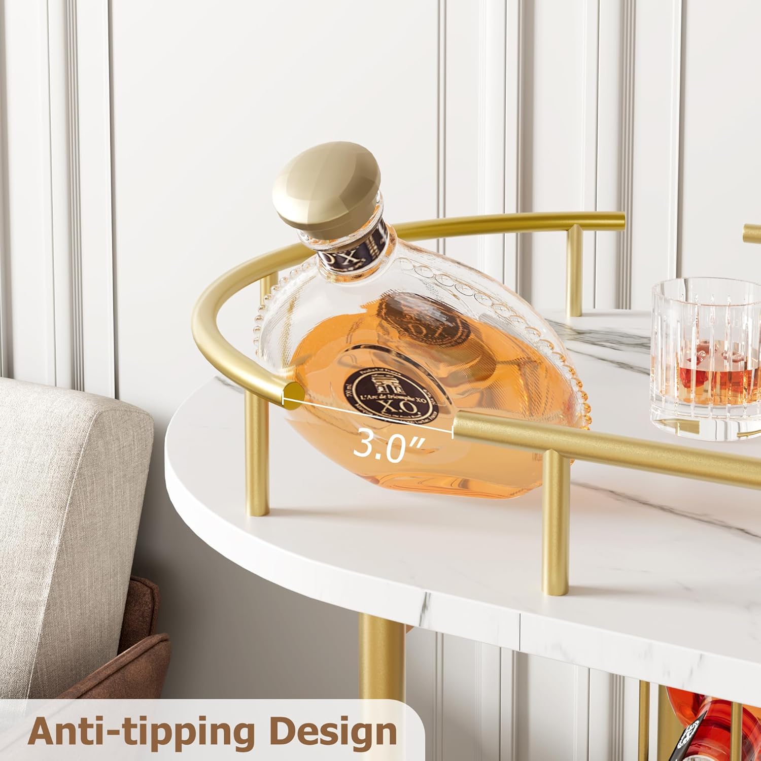 GAOMON Gold Bar Cart, 3 Tier Bar Cart with Wheels, Gold Rotating Bar Cart with Wheels and Handle, Serving Cart with Wine Rack and Glass Holder for Kichen, Living Room, Dining Room