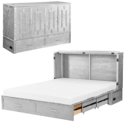 Queen Murphy Bed, Murphy Bed Cabinet with Charging Station, Storage Drawers & Foldable Mattress, Space-Saving Murphy Bed for Living Room & Bedroom (White)