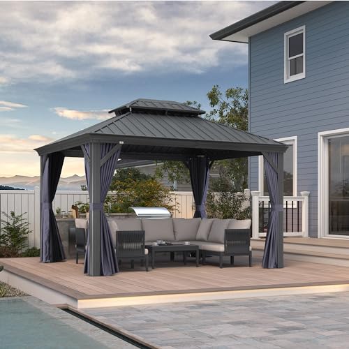 PURPLE LEAF 10' X 14' Permanent Hardtop Gazebo Aluminum Gazebo with Galvanized Steel Double Roof for Patio Lawn and Garden, Curtains and Netting Included, Grey