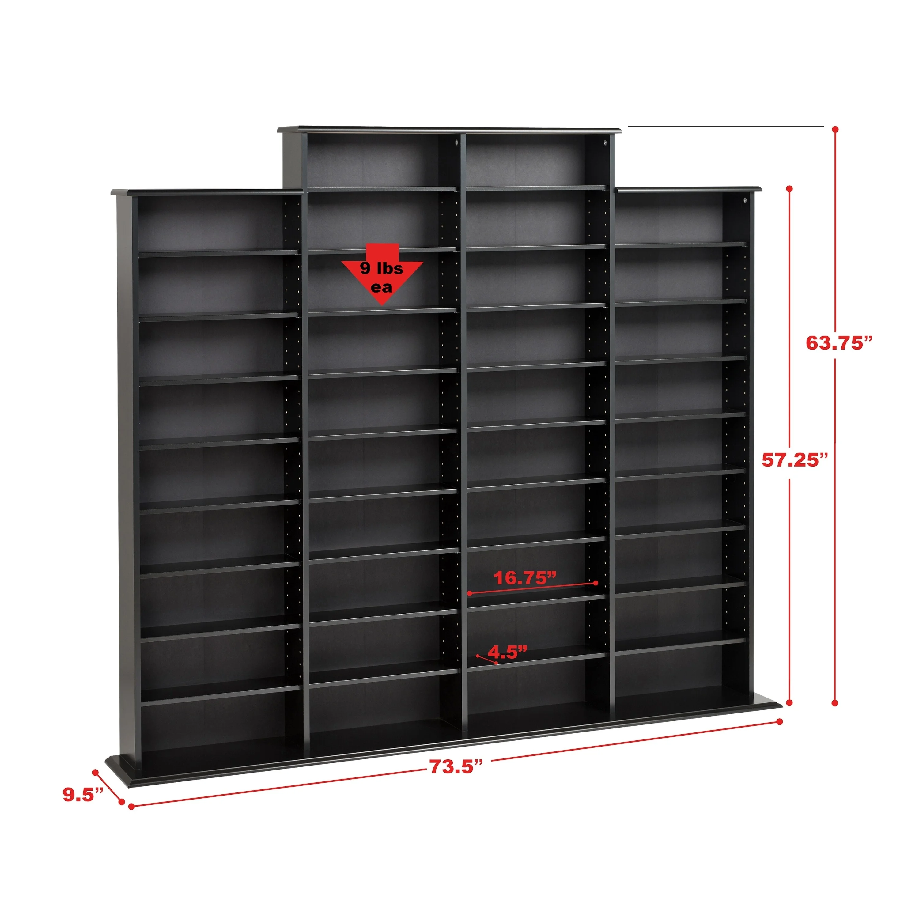 Prepac Quad Media Storage - 73.5" W x 63.75" H x 9.5" D Black