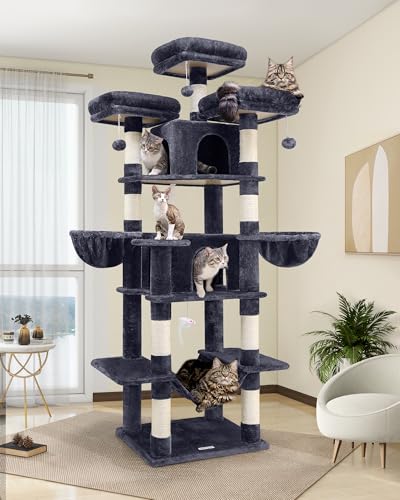 Globlazer Big Cat Tower for Indoor Cats, 80inch Cat Tower for Multiple Adult Cats XXL Cat Tree with Scratching Post, Hammock, 3 Perches, 2 Condos, 2 Hanging Basket, F80, Light Grey