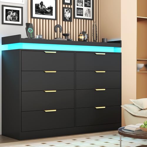 White Dresser with LED Lights, Wooden LED Dresser, 4 Drawer Chest with Charging Station, Tall Chest of Drawer Closet Organizer for Bedroom, Living Room, Entryway, Hallway