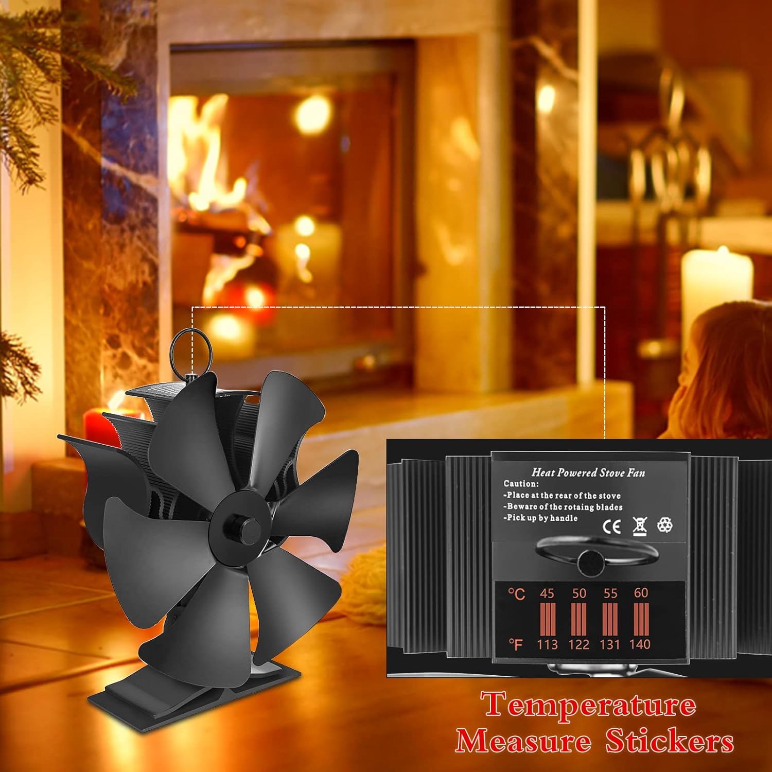 QUECAOCF 6 Blades Flue Pipe Stove Fan Fireplace Stove Fan with Thermometer Strip, Wood Burning Heat Powered Stove Fan for Wood/Log Burner/Fireplace, Eco Friendly and Efficient Heat Distribution Pack of 2