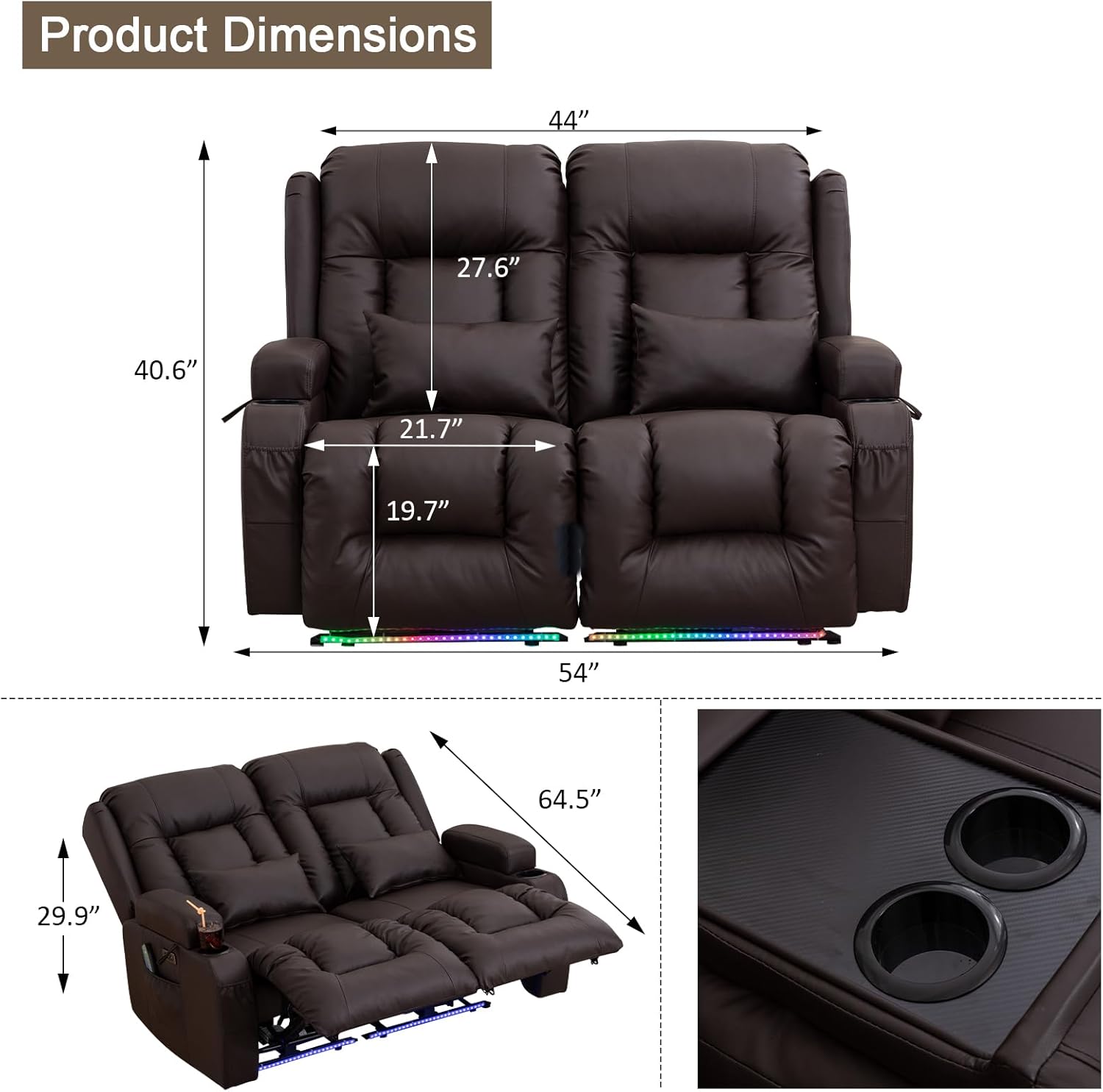 Home Theater Seating, Faux Leather Power Recliner Chair with Massage& Heat, RV Loveseat Sofa Theater Seats with LED Lights/Lumbar Pillow/Cup Holders/Side Pockets (Brown)