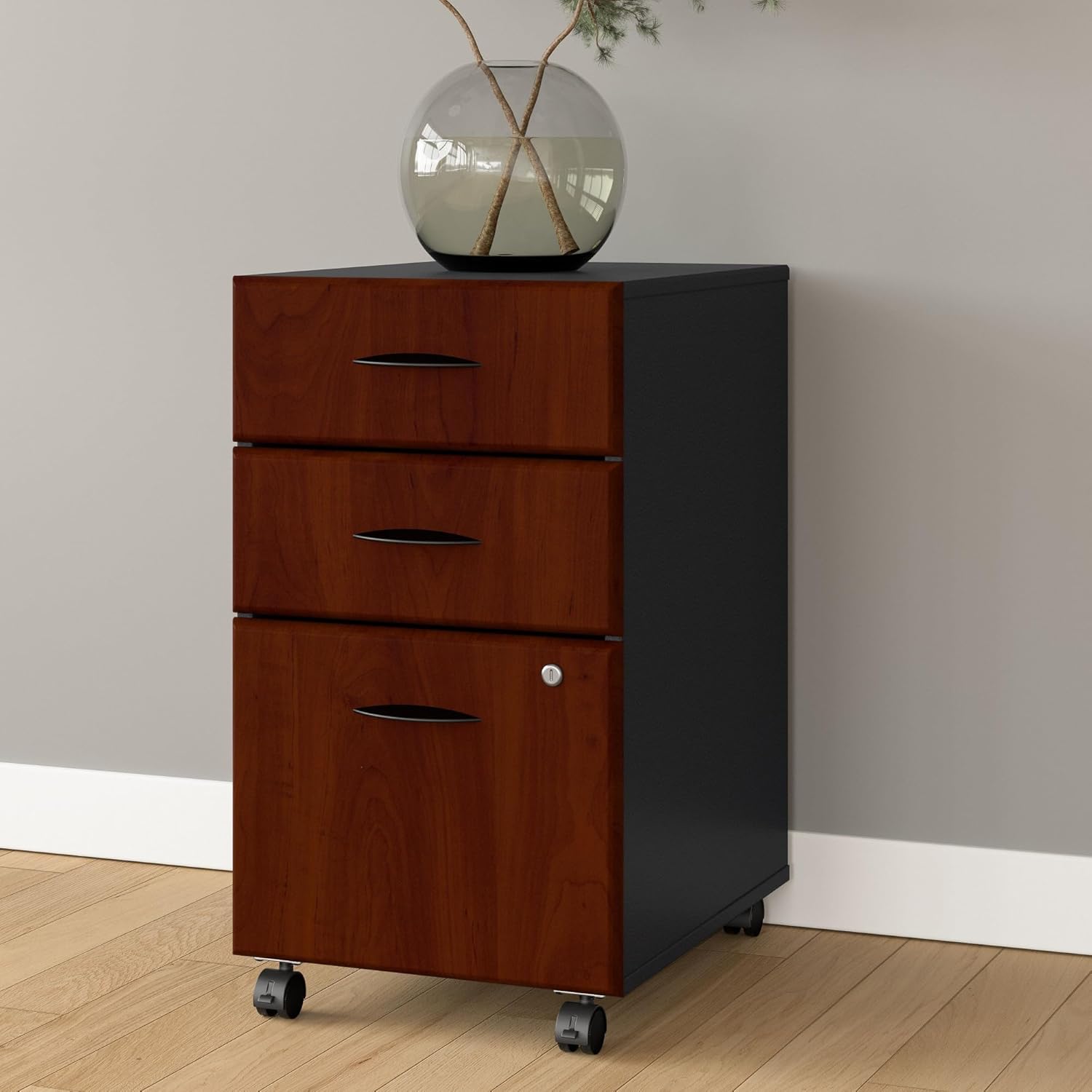 Bush Business Furniture Series A 36W Small Computer Desk and 3 Drawer Mobile File Cabinet in Hansen Cherry and Galaxy